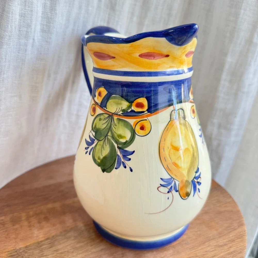 VTG J Wilifred‎ for Sadek Hand Painted Lemon Pitcher Blue Yellow Portugal 7 inch